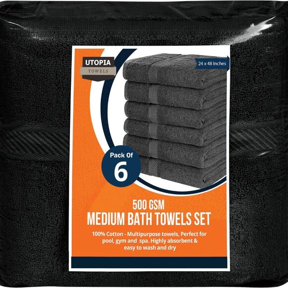 Elegant Black 6 Pack Bath Towels - High Absorbency & Durability, 100% Cotton - Picture 7 of 7
